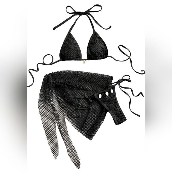 🔸️NIB Black Fishnet String Bikini & Coverup Skirt Medium - Picture 1 of 12